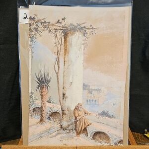 Vintage Art Print / Painting with Ancient Ruins, Monk Image.